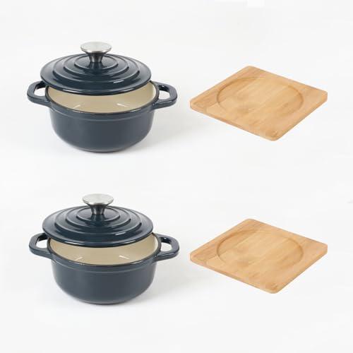 HAWOK Enameled Cast Iron Mini Round Cocotte Set, 0.7QT Mini Dutch Ovens with Lids and Bamboo Trays, 667ml/22.57oz/2.82cups, Set of 2, Navy Blue - CookCave