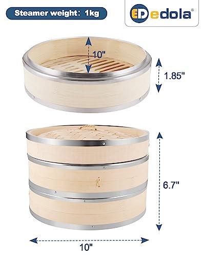 edola Kitchen Dumpling Steam Basket, 10 Inches, 2 Tiers, Stainless Steel Rims, Chinese Bamboo Steamer Basket with Dumpling Bao Buns Instruction - CookCave