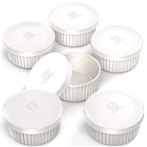 Hatrigo Porcelain Ramekins with Silicone Storage Lids, Set of 6 White Ramekins, Ramekins 4 oz Oven Safe, 450 deg F, Dishwasher Safe - CookCave