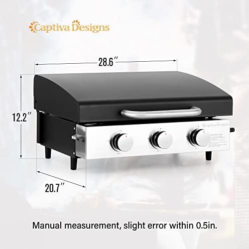 Captiva Designs Tabletop Griddle with Ceramic Coated Cast Iron Plate, 22 in Portable Flat Top Propane Gas BBQ Grill Griddle Camping, Outdoor & Tailgating, 24,000 BTU Output, 3 Stainless Steel Burners - CookCave