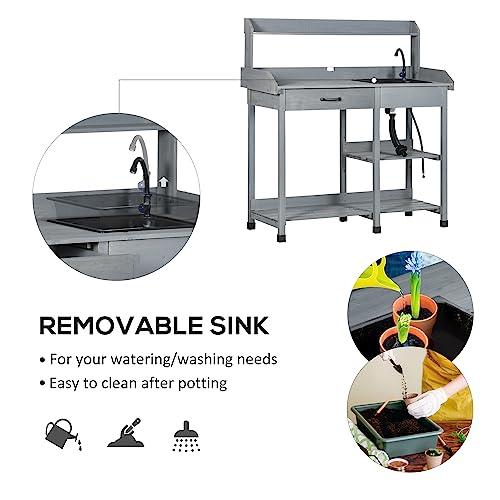 Outsunny Potting Bench Table, Includes Removable Outdoor Sink Station with Hose Hook Up, Wooden Work Station with Faucet, Drawer, Shelves, Hooks, Gray - CookCave