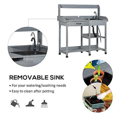 Outsunny Potting Bench Table, Includes Removable Outdoor Sink Station with Hose Hook Up, Wooden Work Station with Faucet, Drawer, Shelves, Hooks, Gray - CookCave