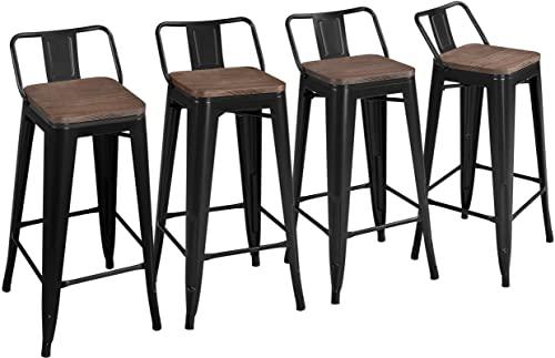 Yaheetech 30" Metal Barstools Set of 4 Bar Height Bar Stools with Wooden Top Low Back Industrial Bar Stools Metal Stool for Indoor-Outdoor Counter Stools with Wooden Seat Matte Black - CookCave