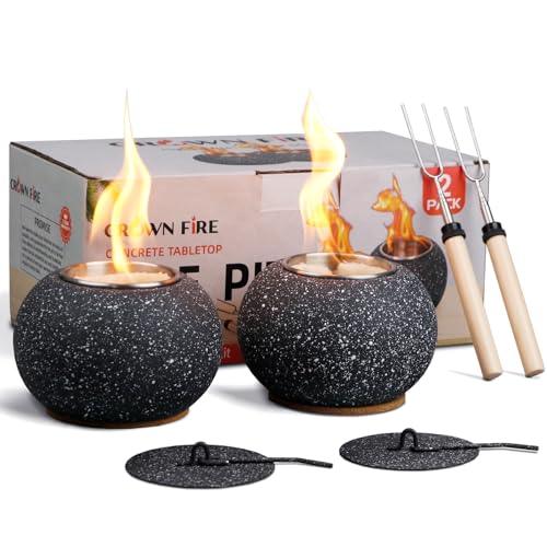 CROWN FIRE - 2 Pack Concrete Tabletop Smores Fire Pit, Ethanol Table Top Firepit, with 2 Roasting Sticks for Smores Maker, Portable Mini Tabletop Fireplace for Indoor and Outdoor, Perfect for Parties - CookCave