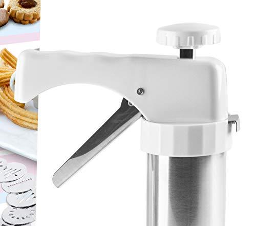 Ibili Cookie Press Gun, 18/10 INOX Stainless Steel Cookie Press for Baking, Dishwasher Safe, Includes 10 Variated Discs and 8 Interchangeable Nozzles - Made in Spain - CookCave