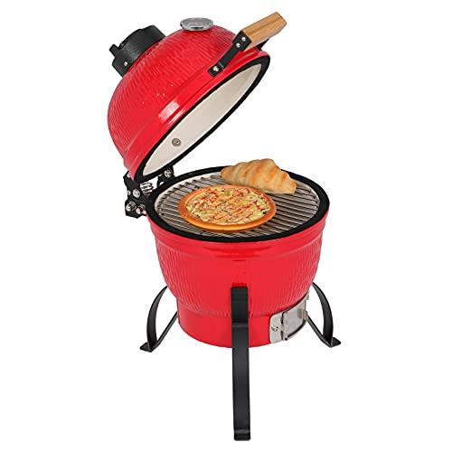 Outvita Ceramic Grill, 13" Round Kamado Charcoal Grill, Portable Barbecue Grill with Thermometer for Variations on Cooking Methods(Red) - CookCave