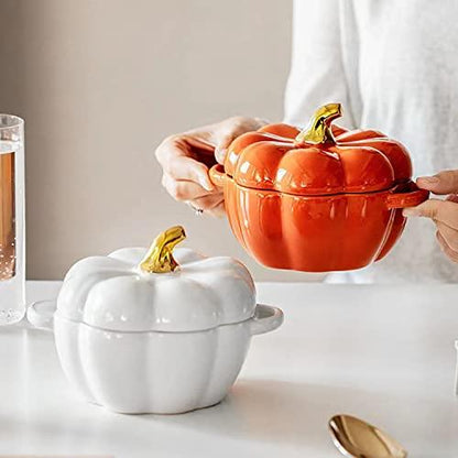 FYUEROPA Pumpkin Bowl Set with Lid and Handle, 14 Oz Ceramic Ramekins for Baking, Casserole Dish Individual Severing Pot, Stoneware, Oven Safe (White) - CookCave