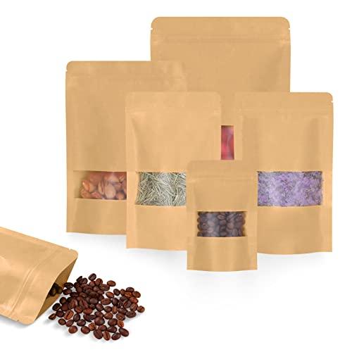Larzack 50pcs Kraft Bags with Window 3.5x5.5 Inches Brown Reusable Sealable Zip Lock Food Storage Stand up Paper Pouches for Home or Business - CookCave