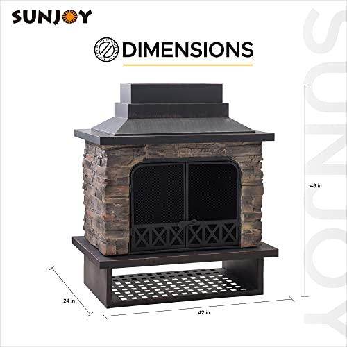 Sunjoy Outdoor Fireplace, Heavy Duty Patio Wood Burning Fireplace with Steel Chimney, Mesh Spark Screen Doors, Removable Grate and Fire Poker, Black - CookCave