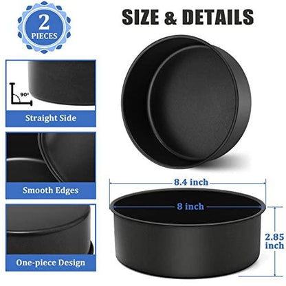 P&P CHEF 8 x 3 Inch Nonstick Cake Pan Set of 2, Round Cake Baking Pans for Birthday Wedding Layer Cake, Deep Side & One-piece Design, Stainless Steel Core & Non Toxic, Black - CookCave