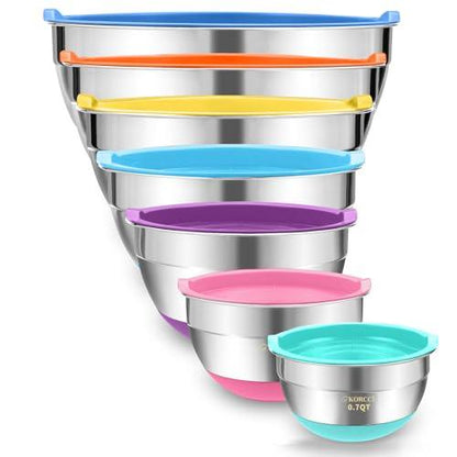 Mixing Bowls With Airtight Lids Set - 7Pc Stainless Steel Nesting Storage Bowls, Non-Slip Silicone Bottom, Size 0.7,1.1,1.7,2.1,2.7,3.6,4.5QT, Ideal for Baking, Prepping, Cooking and Serving Food - CookCave