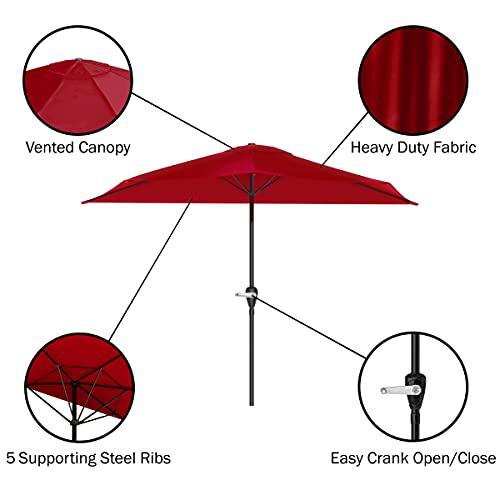 Pure Garden 9-Foot Half Patio Umbrella – Easy Crank Semicircle Opening Shade Canopy – For Against a Wall, Porch, or Balcony Furniture (Red) - CookCave