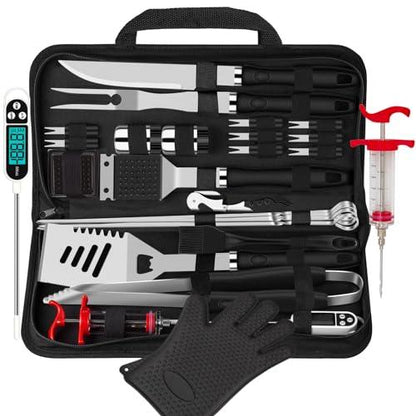 ROMANTICIST 26pcs Grilling Accessories Kit for Men Women, Stainless Steel Heavy Duty BBQ Tools with Glove and Corkscrew, Grill Utensils Set in Portable Canvas Bag for Outdoor,Camping,Backyard,Black - CookCave