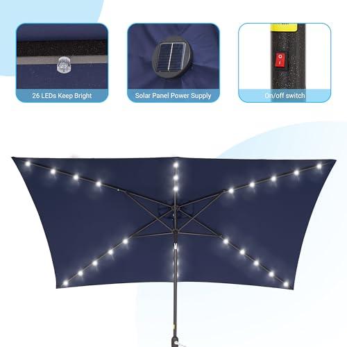 Bonosuki 10x6.5' Solar LED Outdoor Umbrella Patio Umbrella 2-Year-Non-Fading Steel Market Umbrella with Push Button Tilt and Crank,Navy Blue - CookCave