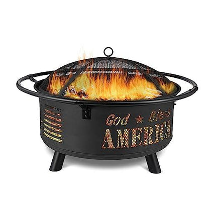 Backyard Expressions GOD Bless America Metal Firepit - 30 Inch - Heavy Duty Steel Fire Pit for Patio/Backyard w/Spark Screen Log Grate and Poker - CookCave