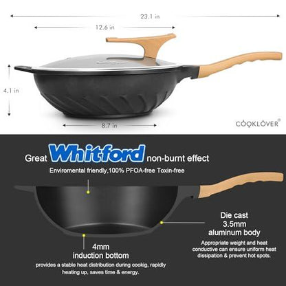 COOKLOVER Nonstick Woks And Stir Fry Pans Die-cast Aluminum Scratch Resistant 100% PFOA Free Induction Wok pan with Lid 12.6 Inch - BK - CookCave