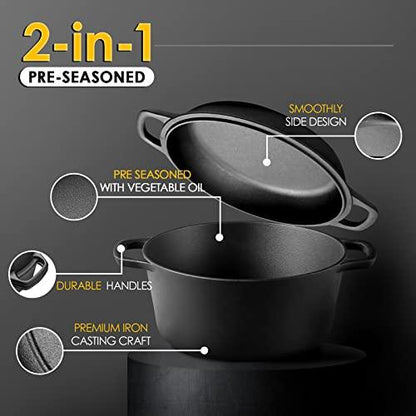 EDGING CASTING 2-in-1 Pre-Seasoned Cast Iron Dutch Oven Pot with Skillet Lid Cooking Pan, Cast Iron Skillet Cookware Pan Set with Dual Handles Indoor Outdoor for Bread, Frying, Baking, Camping, BBQ, 5QT - CookCave