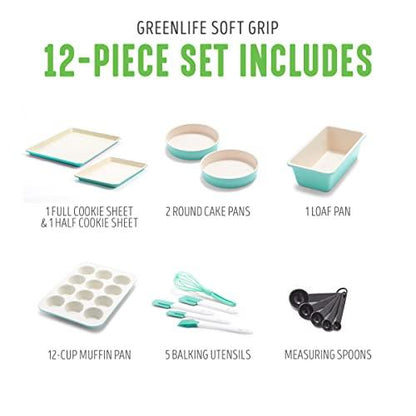 GreenLife Bakeware Healthy Ceramic Nonstick, 12 Piece Baking Set with Cookie Sheets Muffin Cake and Loaf Pans including utensils, PFAS-Free, Turquoise - CookCave