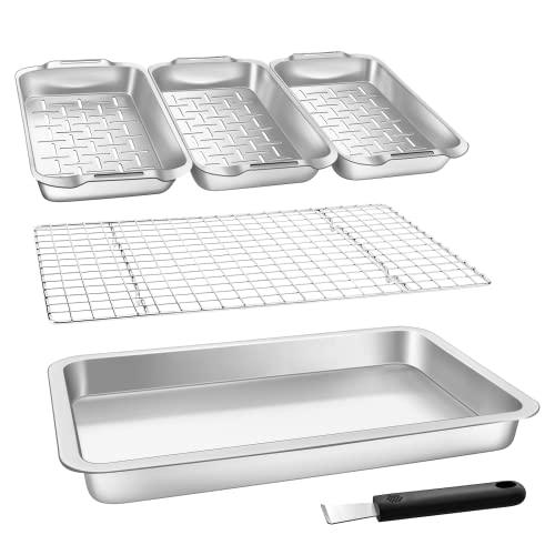 Grill Basket Set, 6-piece Stainless Steel Large Roasting Pan, 16.5" x 11" Pan with Cooling Rack, Great for Christmas Roast Chicken Meat, Grilling Gifts for Men - CookCave