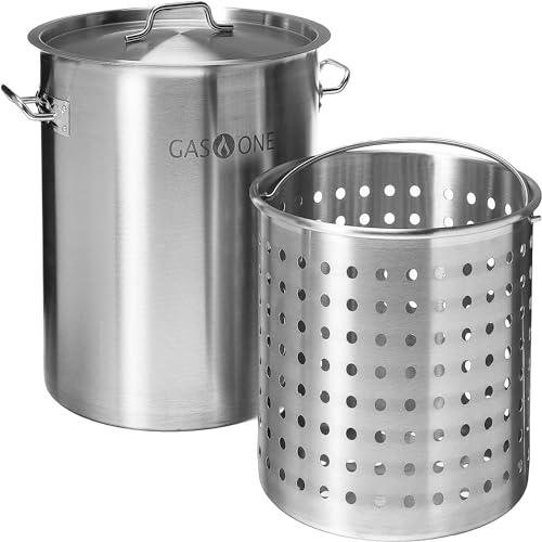GasOne Stainless Steel Stockpot with Basket – 36qt Stock Pot with Lid and Reinforced Bottom – Heavy-Duty Cooking Pot for Deep Frying, Turkey Frying, Beer Brewing, Soup, Seafood Boil – Satin Finish - CookCave
