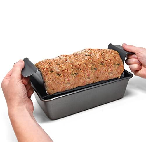 PERLLI Nonstick Meat Loaf Pan Bread Pan with Insert, 2-in-1 Large 9.8" X 5.7" Healthy Coating Nonstick Roaster Pan with Drain Drip Tray, Carbon Steel Gray - CookCave