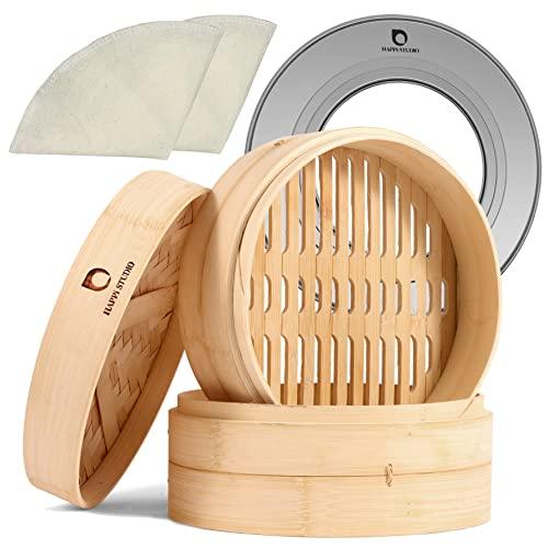 HAPPi STUDIO Bamboo Steamer Basket With Steamer Ring - 10 inch Dumpling Steamer Basket - Large Bamboo Steamer for Cooking Bao Buns, Dim Sum - Chinese Steamer Bamboo Steam Basket - Steaming Basket - CookCave