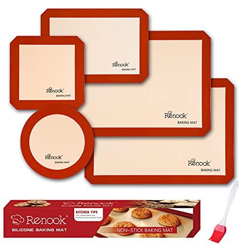 RENOOK Silicone Baking Mats Set of 5, BPA-free grade food baking mat, 100% Non-Stick Reusable Food Safe Liners & Silicone Brush- Macaron, Pastry, Cookie. - CookCave