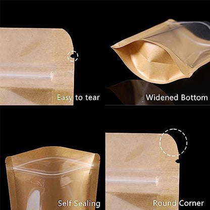 50pcs Kraft Bags With Window Clear Fornt Pouches Resealable Stand Up Zip Lock Food Storage Bags Brown 3.5"x5.5" - CookCave