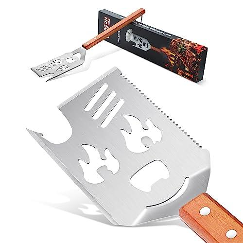 Grill Spatula for Outdoor Grill, 8 in 1 BBQ Spatula with Flip Fork，Knife, Serrated Edge, 16" Long Grilling Tools with Wooden Handle, Unique BBQ Grilling Gifts for Men - CookCave