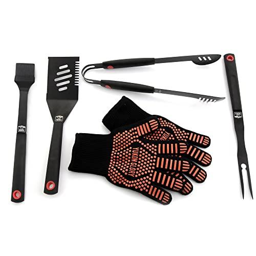 Yukon Glory™ Heavy Duty 5 Piece Grilling Tools Set, Durable Stainless Steel BBQ Accessories, Long Handle 3 in 1 Spatula, Tongs, Brush, Grill Fork, Thick Grilling Gloves, Gift Set - CookCave
