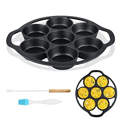 SUNSHNO Cast Iron Biscuit Pan Mini Cake Pan with Handles, Pre-Seasoned Baking Set 7 Cake Baking Tray Maker Pan for Biscuits, Bake Muffins, Cornbread and Scones, Include special steel fork and brush - CookCave