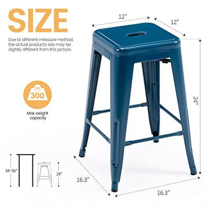 Vogue Furniture Direct 24 Inch Metal Bar Stools, Backless Counter Height Barstools, Indoor Outdoor Stackable Stools with Square Seat, Set of 2 (Deep Blue) - CookCave