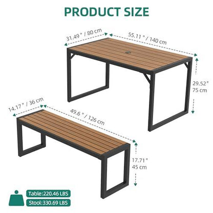 YITAHOME Patio Dining Table and Bench with Faux Wood Tabletop, Outdoor Dining Set for 4-6 People, All-Weather Picnic Conversation Set for Garden Backyard Poolside - Brown - CookCave