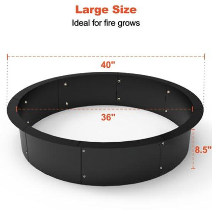 Koutemie Outdoor Fire Pit Ring Liner 40-Inch Outer/36-Inch Inner Diameter, Heavy Duty Solid Metal Steel Round Firepit Rim Insert for Outside DIY Campfire Ring Above or In-Ground, Black - CookCave