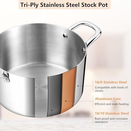 Homikit 8QT Stainless Steel Stock Pot, Heavy Duty Induction Cooking Pot with Glass Lid, Tri-ply Pasta/Chicken/Soup Pot, Stockpot for Steaming and Stewing, Dishwasher Safe - CookCave