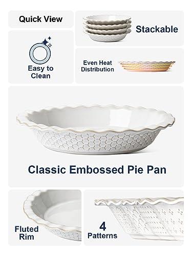 LE TAUCI Ceramic Pie Pans for Baking, 9 Inches Pie Plate for Apple Pie, Round Baking Dish, 36 Ounce Deep Dish Pie Pan - Set of 1, Honey Comb, Arctic White - CookCave
