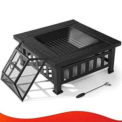 SINGLYFIRE 32 Inch Fire Pit Table for Outside Square Metal Firepit Outdoor Wood Burning Large Steel Bonfire Pit for Patio Backyard Garden with Waterproof Cover,Spark Screen,Log Grate,Poker - CookCave