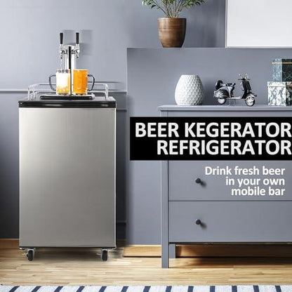 PioneerWorks Beer Kegerator, Dual Tap Draft Beer Dispenser, Full Size Stainless Steel Keg Refrigerator With Drip Tray, CO2 Cylinder, 32°F- 50°F Temperature Control, 170L - CookCave