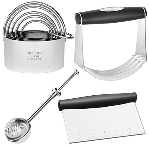 HULISEN Stainless Steel Biscuit Cutter Set, Flour Duster, Pastry Scraper and Dough Blender, Heavy-Duty & Durable with Ergonomic Rubber Grip, Professional Baking Dough Tools, Gift Package (4 Pcs/Set) - CookCave