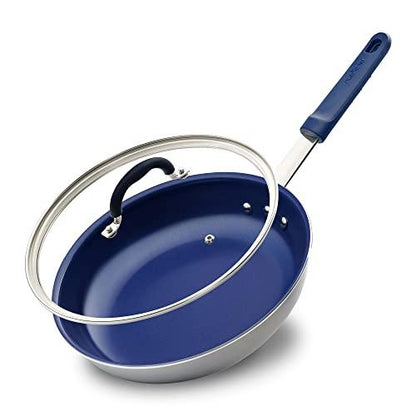 NutriChef 8" Fry Pan With Lid - Small Skillet Nonstick Frying Pan With Lid, Silicone Handle, Ceramic Coating, Blue Silicone Handle, Stain-Resistant And Easy To Clean, Professional Home Cookware - CookCave