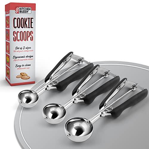 Kitchen Buddy - Versatile Cookie Scoops - Stainless Steel Ice Cream Scoop with Trigger - For Cooking, Baking, and Food Portion - Set of 3 Scoopers - Small (1 Tbsp), Medium (2 Tbsp), & Large (3 Tbsp) - CookCave