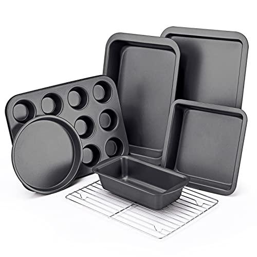 KITESSENSU Baking Pans Sets, Nonstick Bakeware Sets 7-Piece with Round/Square Cake Pan, Loaf Pan, Muffin Pan, Cookie Sheet, Roast Pan, Cooling Rack, Carbon Steel Bake Set - CookCave