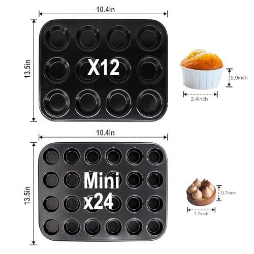 MARIWEI 2 Pack Premium Nonstick Bakeware 24-Cup, Mini Muffin Pan, Dishwasher Oven Safe (Black, Steel) - CookCave