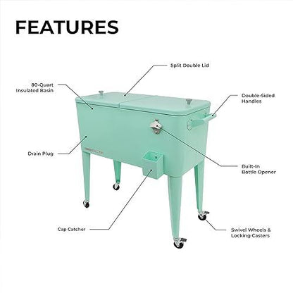Permasteel 80-Qt Classic Outdoor Patio Cooler for Outside |Rolling Beverage Cooler Bar Cart with Wheels & Handles, Retro Design, Mint - CookCave