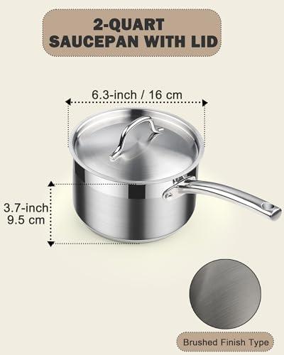 Cooks Standard Saucepan with Lid 18/10 Stainless Steel, 2-Quart Professional Sauce pot Mini Milk Pan, Oven Safe 500℉, Compatible with All Stovetops - CookCave