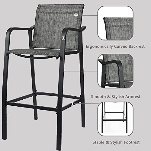 Sundale Outdoor Metal Bar Stools Set of 2, Patio Counter Height Barstools with Back Armrest, Modern Quick Dry Fabric Wrought Iron High Seating Chairs-Steel Gray - CookCave