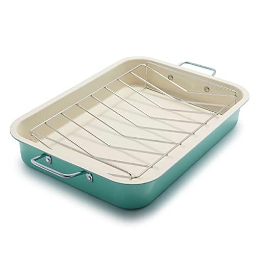 GreenLife Soft Grip Healthy Ceramic Nonstick, 16.5" x 12" Roasting Pan with Stainless Steel Roaster Rack, PFAS-Free, Dishwasher Safe, Turquoise - CookCave