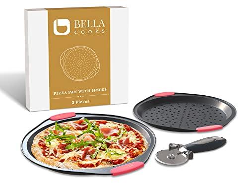 Bella Cooks Pizza Pan for Oven (Set of 2 Pizza Pans) 15″ Pizza Pan with Holes - Non-Stick & Dishwasher Safe - Pizza Tray for Oven - Incl. Pizza Cu - CookCave