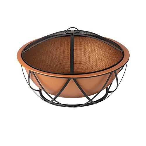 Fire Sense 62241 Fire Pit Barzelonia Copper-Look Wood Burning Lightweight Portable Outdoor Firepit Backyard Fireplace Camping Bonfire Included Screen Lift Tool & Cooking Grate - Round - 26" - CookCave