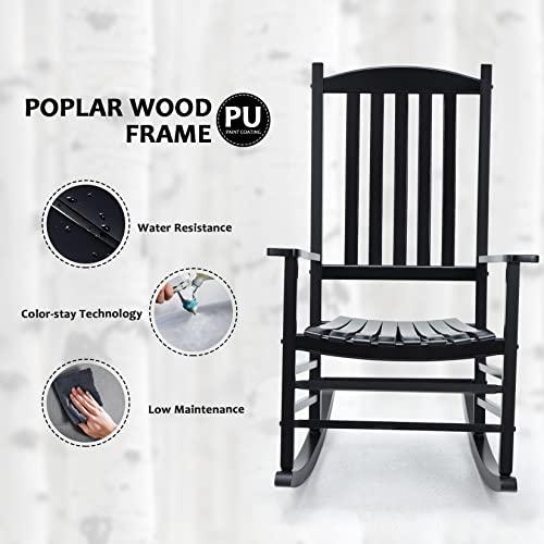 Hupmad Wooden Rocking Chair Rocker Outdoor Oversized Porch Rocker Chair,Patio Wooden Rocker with High Back and Armrest,All Weather Rocker Slatted for Backyard,Garden,400 lbs Support,Black - CookCave